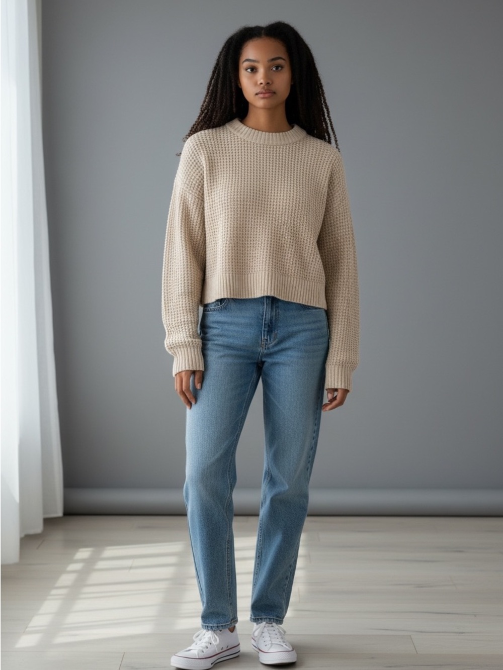 Lulu's Cream Waffle Knit Crewneck Sweater